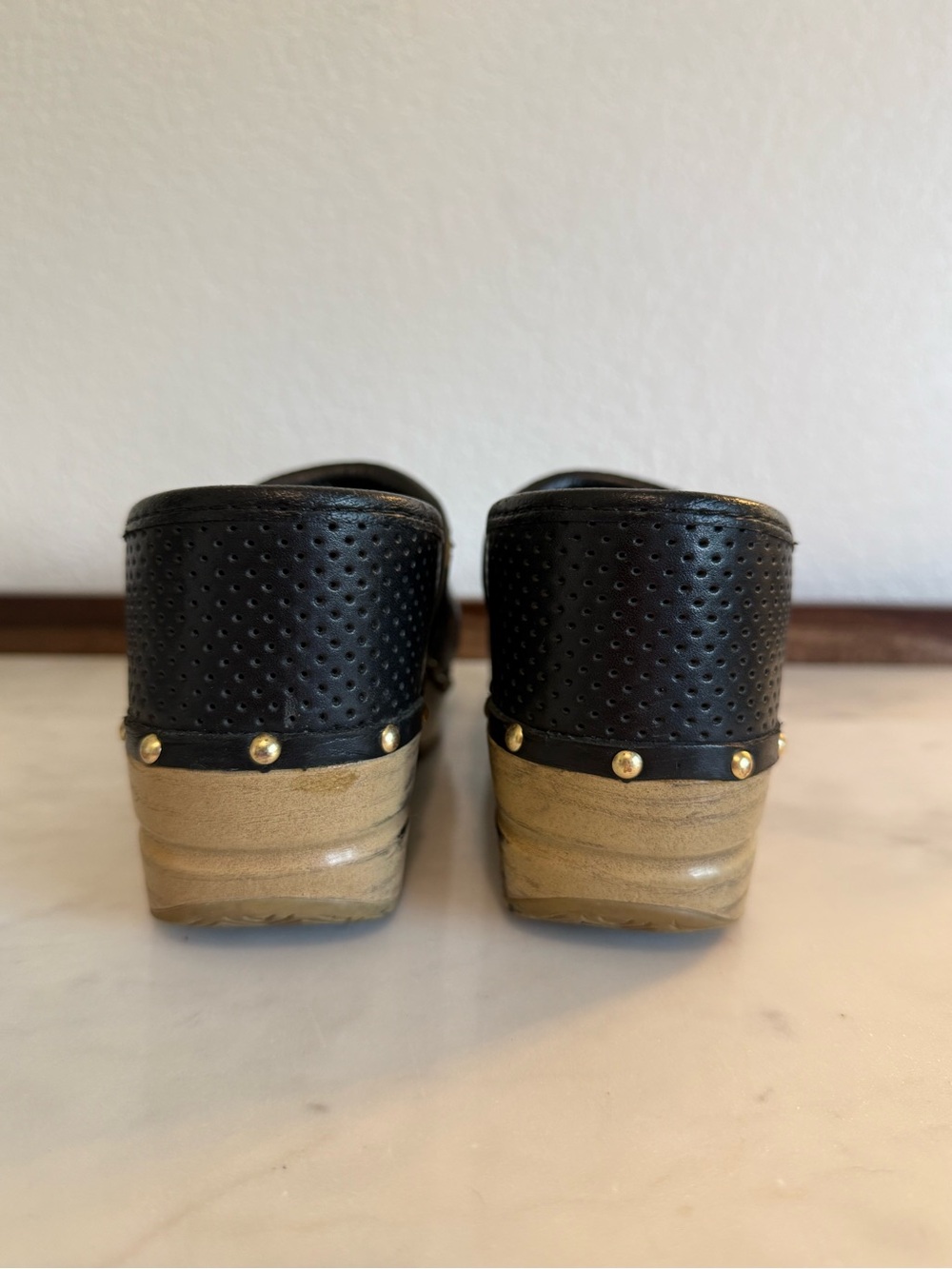 Dansko Black Perforated Leather Clogs with Gold Stud Accents - Picture 2 of 7